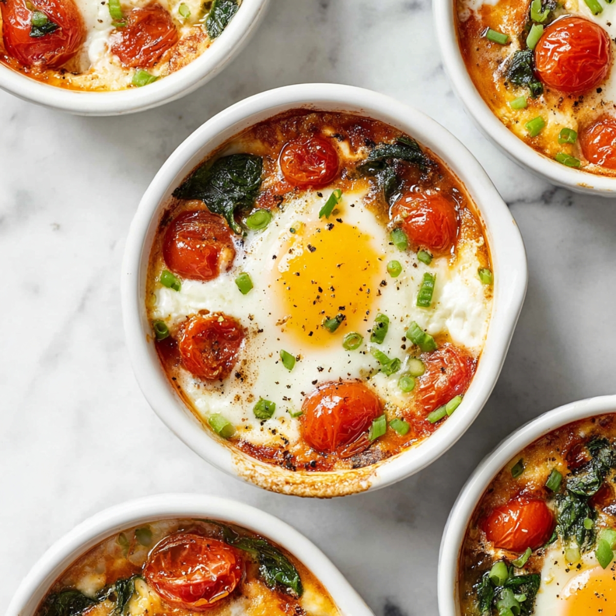 Baked feta eggs with roasted cherry tomatoes and herbs served in individual white ramekins
