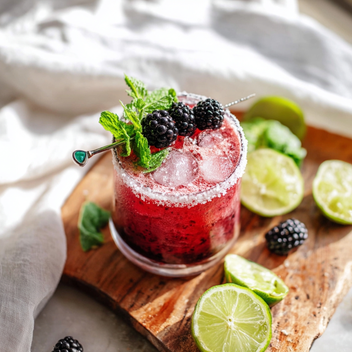 Blackberry bourbon smash cocktail served over ice in a sugar-rimmed glass, garnished with fresh blackberries and mint, with sliced limes on a wooden board