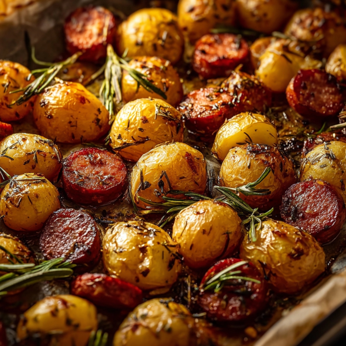 Roasted baby potatoes with sliced smoked sausage, fresh rosemary, and golden crispy edges on a sheet pan