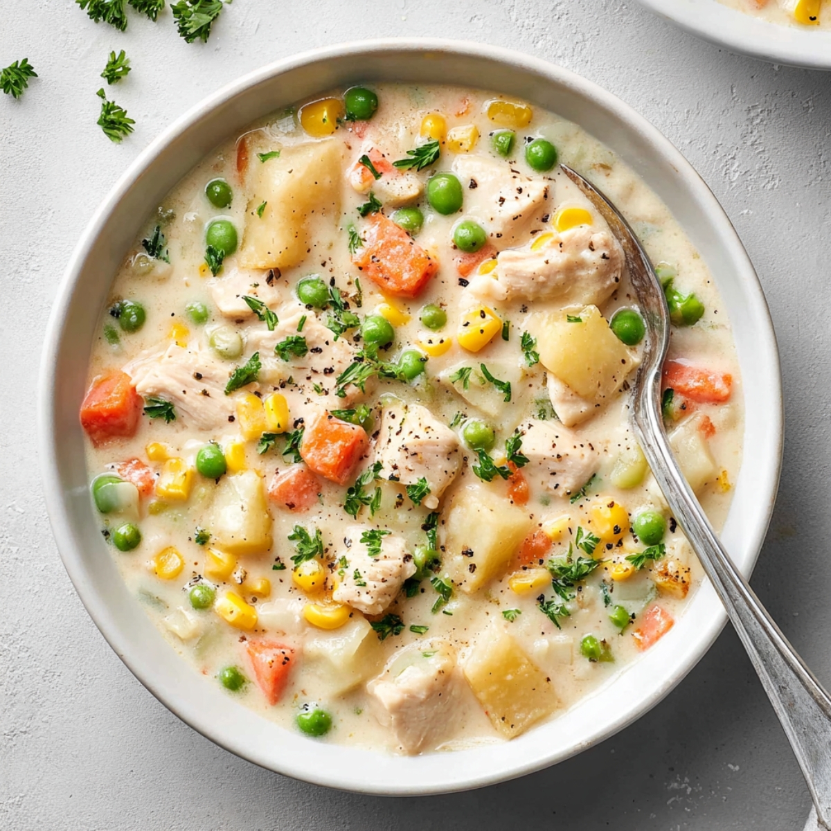 Creamy chicken pot pie soup with chunks of chicken, potatoes, carrots, peas, and corn in a rich, comforting broth.