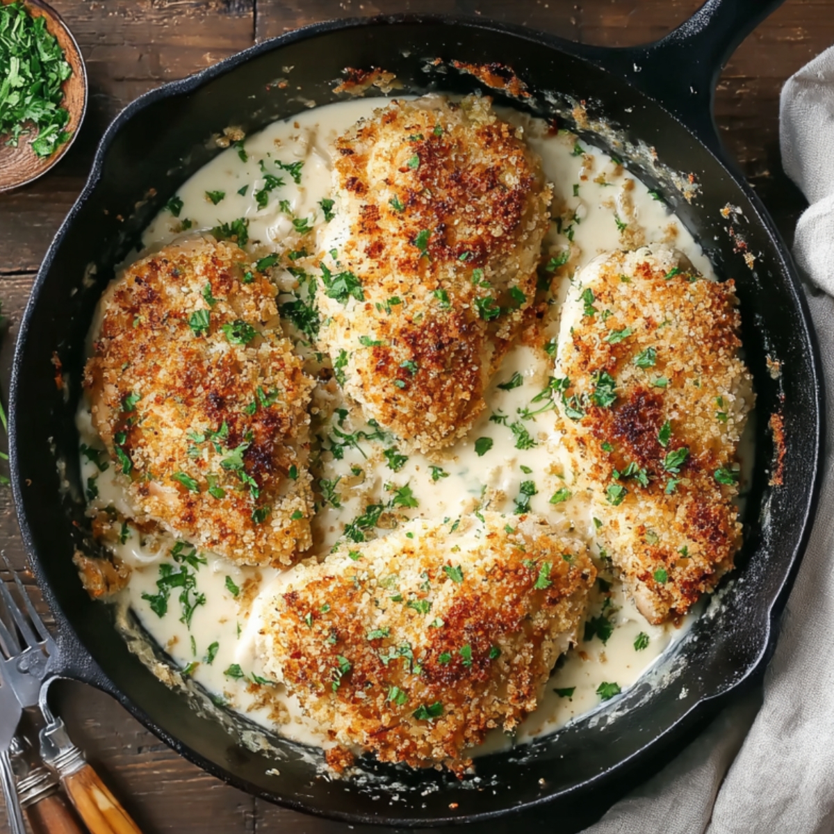 Golden parmesan-crusted chicken breasts cooked in a cast iron skillet with creamy garlic sauce and fresh parsley garnish