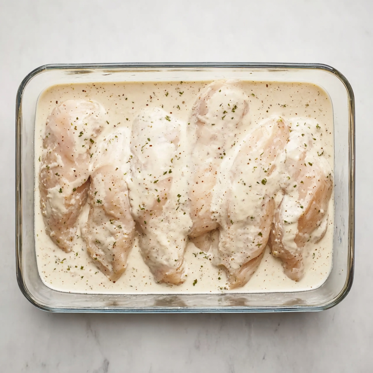 Raw chicken breasts marinating in a creamy parmesan sauce in a glass baking dish before baking