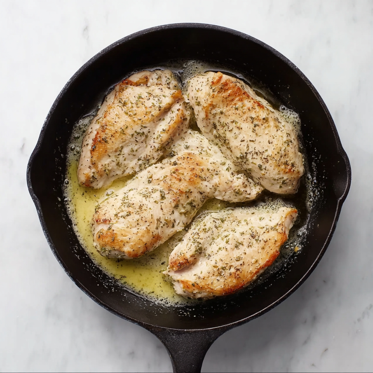 Juicy chicken breasts seared in a cast iron skillet with melted butter and herbs, prepared for parmesan crusting.