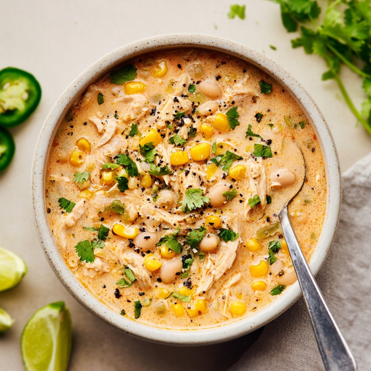 Creamy crockpot white chicken chili with shredded chicken, white beans, sweet corn, and fresh cilantro in a bowl.