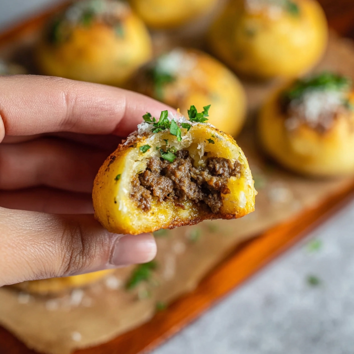 Hand holding a garlic parmesan cheeseburger bomb stuffed with seasoned ground beef and cheese, showing a crispy golden crust and savory filling