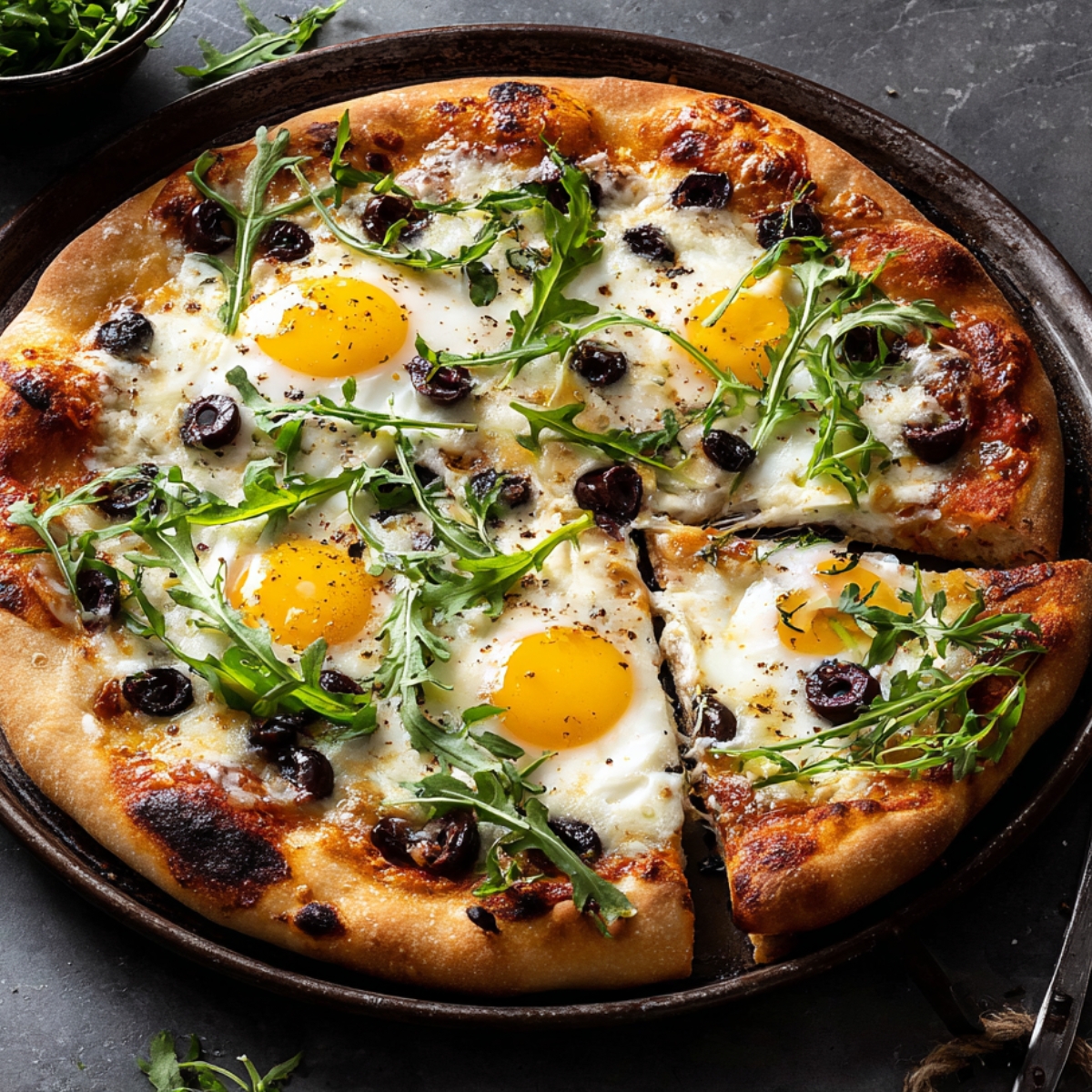 Hand-tossed pizza topped with baked eggs, melted mozzarella cheese, black olives, and fresh arugula on a golden crispy crust