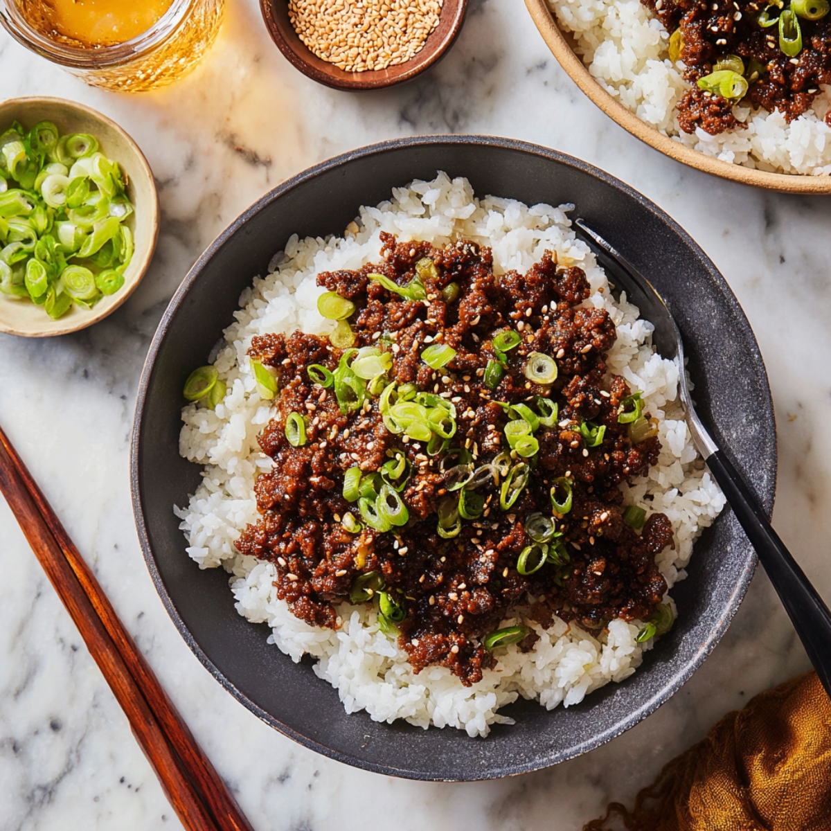 Korean ground beef cooked in a savory soy-garlic sauce served over steamed white rice and topped with sliced green onions and sesame seeds