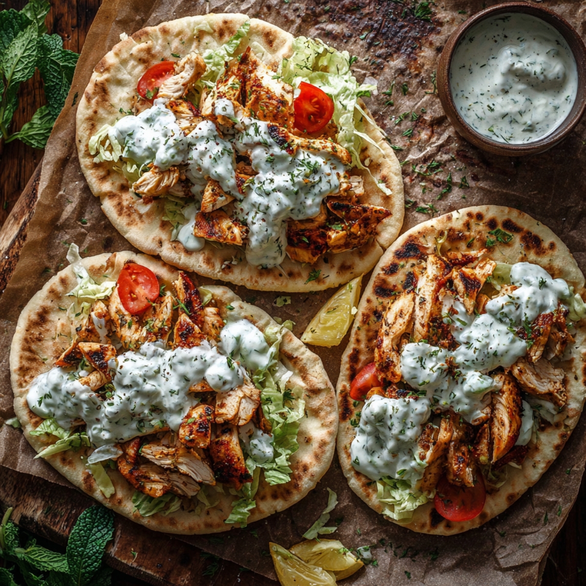 Sheet pan chicken pitas topped with herby ranch sauce, fresh lettuce, and tomatoes on warm pita bread