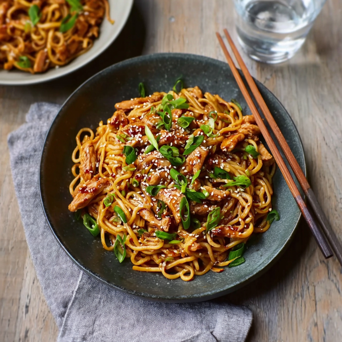 Bowl of slow cooker honey garlic chicken noodles topped with sesame seeds and sliced green onions, served with chopsticks on a wooden table