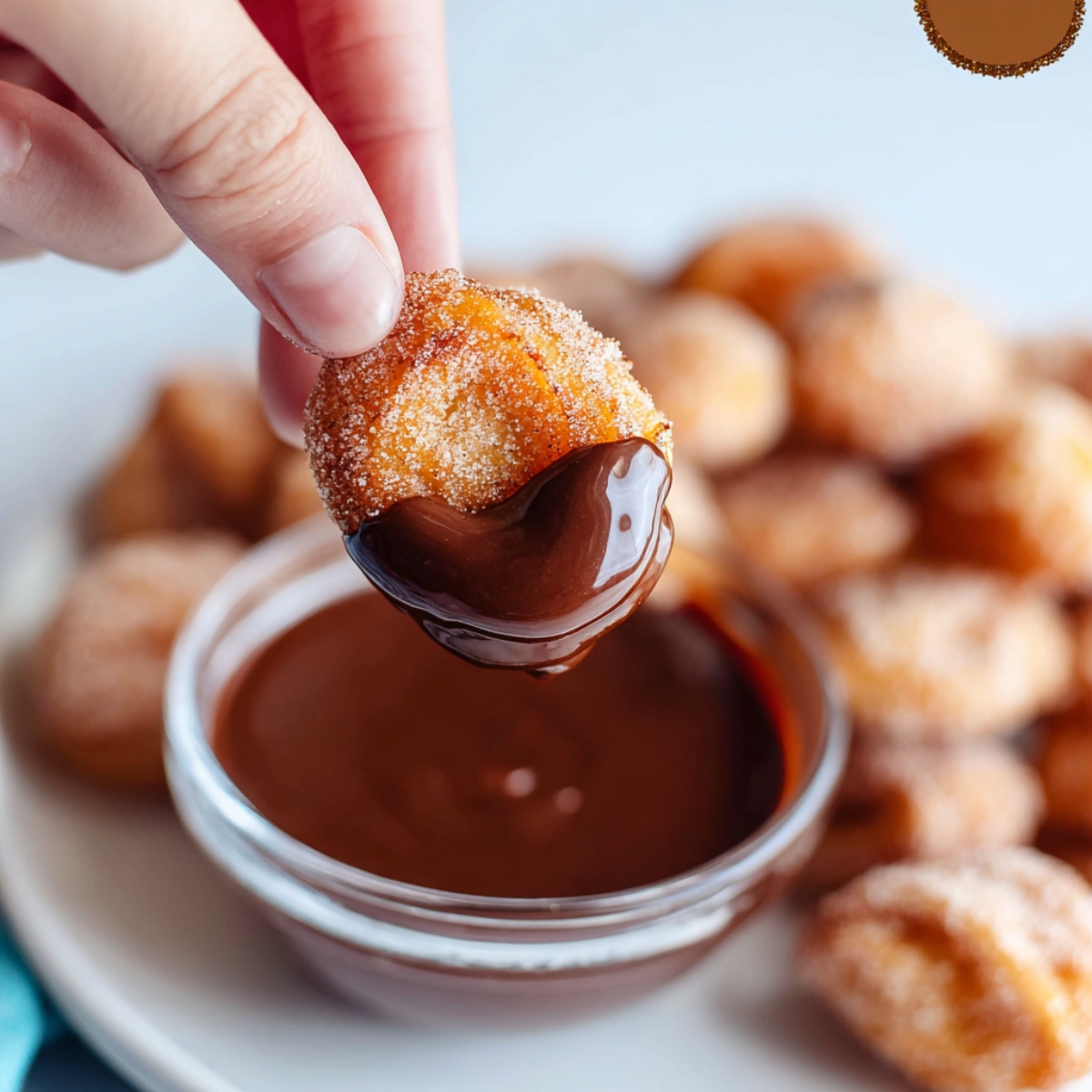 Hand holding a cinnamon sugar air fryer churro bite dipped into a rich chocolate sauce