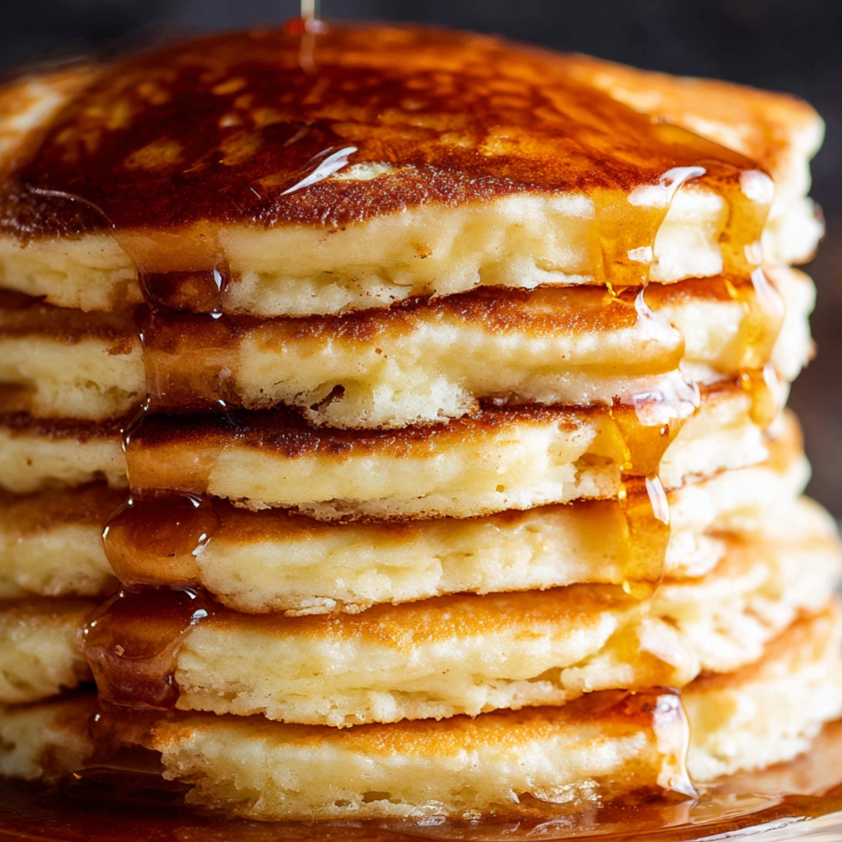 A tall stack of fluffy pancakes with soft, airy centers and golden edges, drizzled with warm maple syrup.