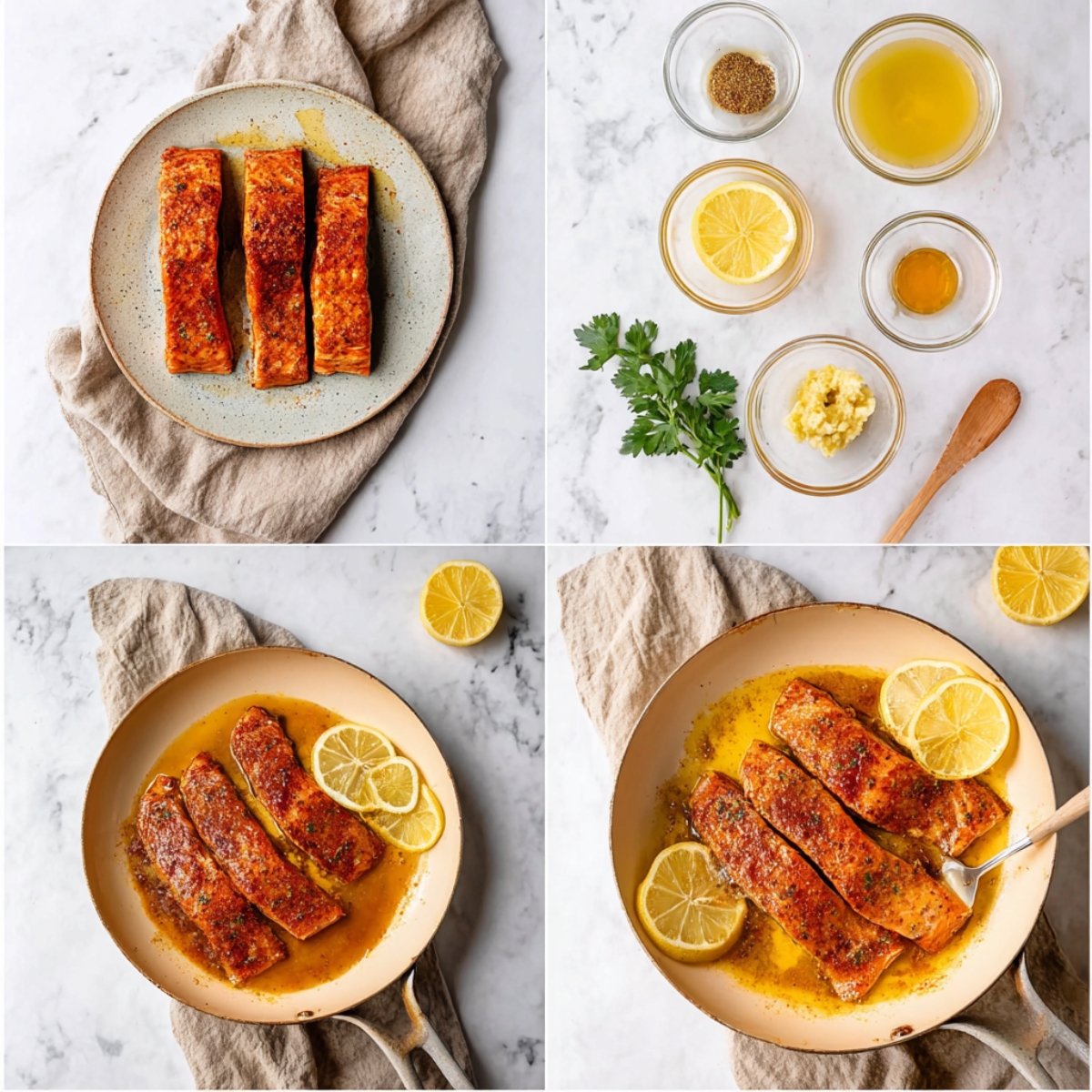 Four-step collage showing Cajun-seasoned salmon fillets, prepared sauce ingredients, salmon seared in a skillet, and finished salmon simmering in honey butter sauce with lemon slices