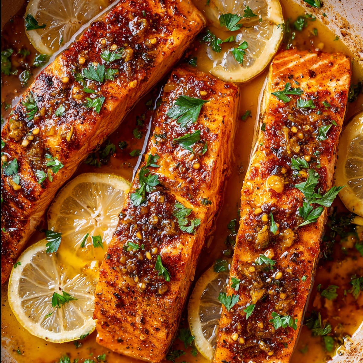Cajun honey butter salmon fillets glazed in a rich garlic butter sauce with fresh lemon slices and parsley