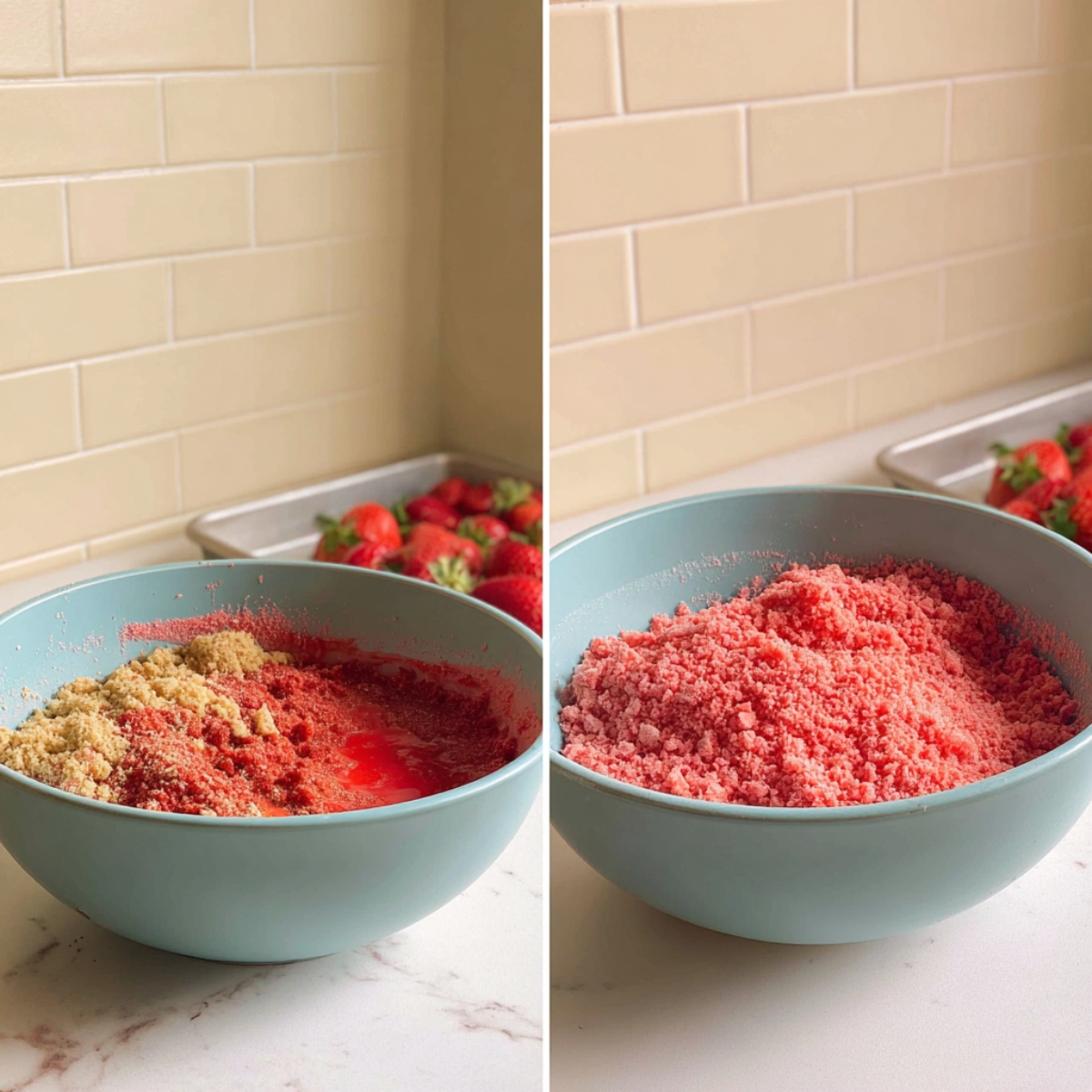 Strawberry shortcake crumb mixture in a blue bowl for cheesecake stuffed strawberries, before and after mixing