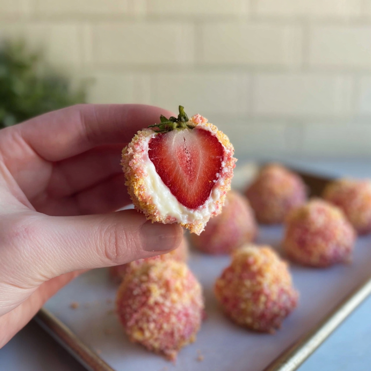 Cheesecake stuffed strawberry coated in shortcake crumbs, cut in half to show creamy cheesecake filling and fresh strawberry center