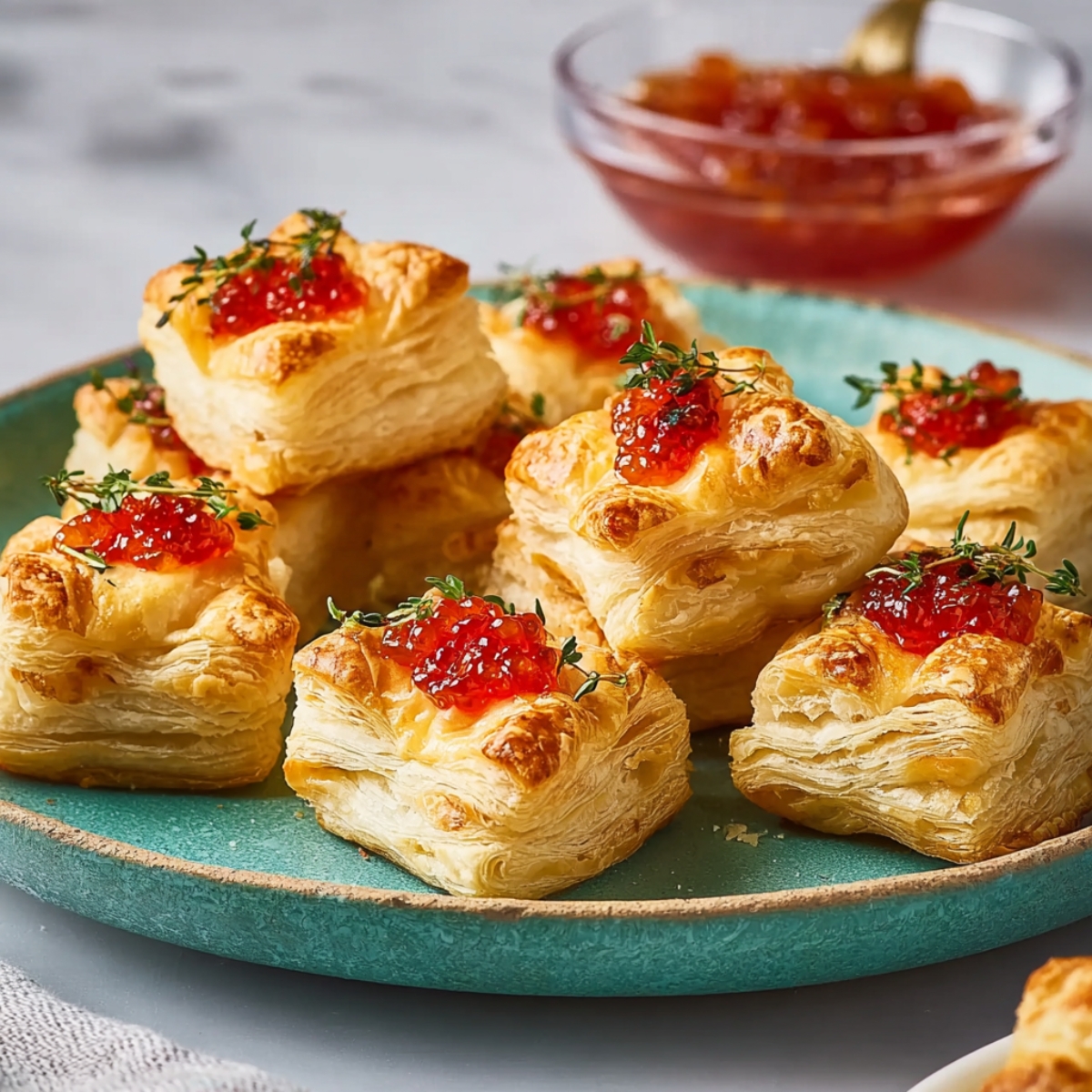 Golden, flaky puff pastry bites topped with creamy cheese, red pepper jelly, and fresh thyme served on a teal plate