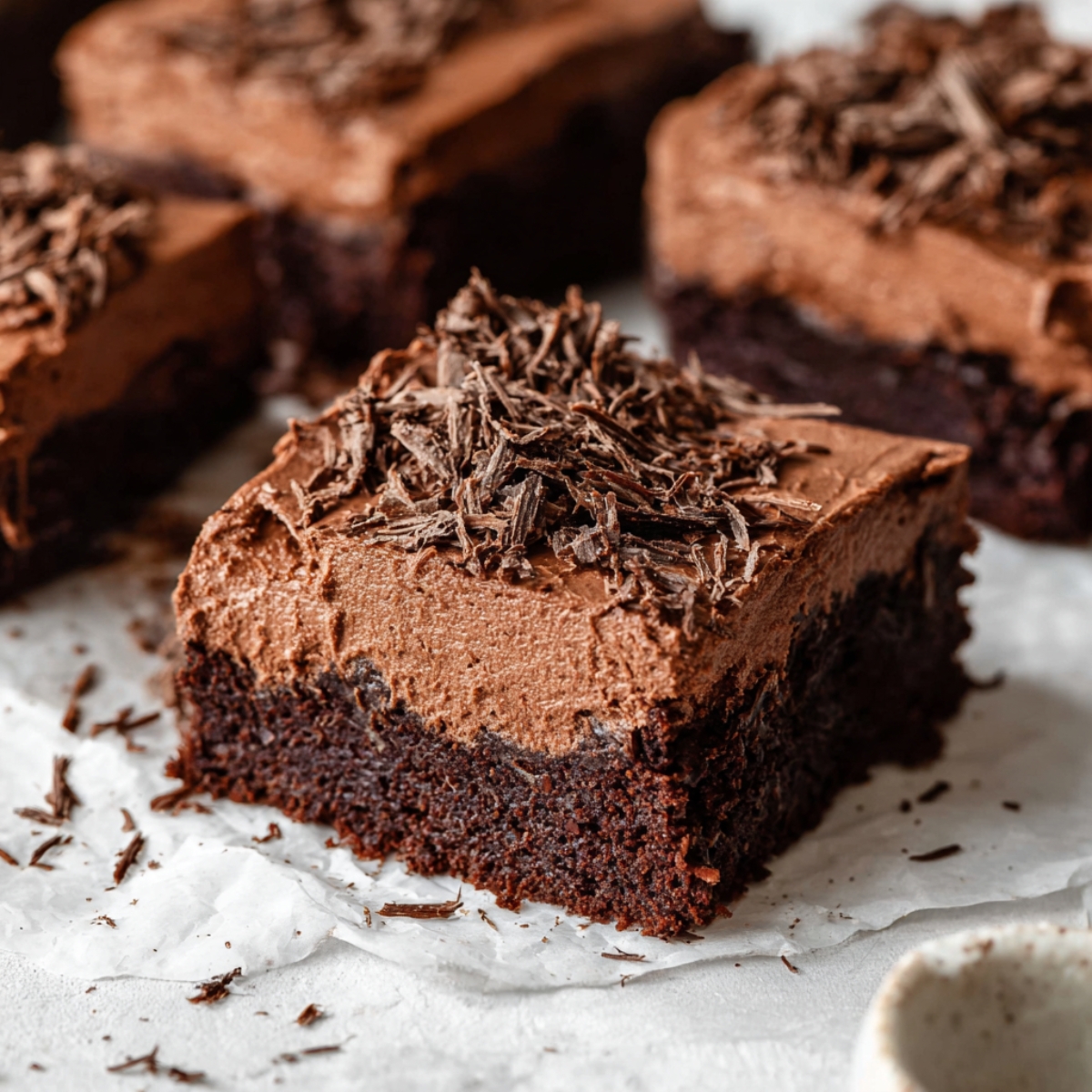 Rich chocolate mousse brownies with a fudgy brownie base and creamy whipped chocolate topping, finished with chocolate shavings.
