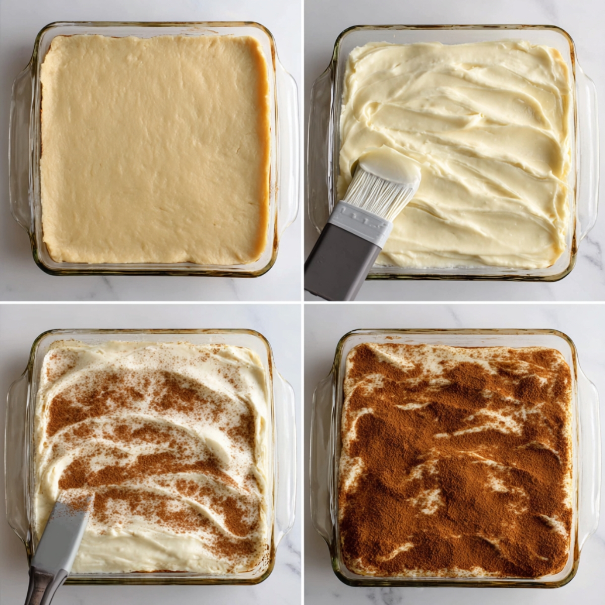 Four-step collage showing churro cheesecake bars being assembled in a glass baking dish, with dough pressed into the pan, cheesecake filling spread evenly, cinnamon sugar sprinkled, and the finished unbaked dessert ready for the oven