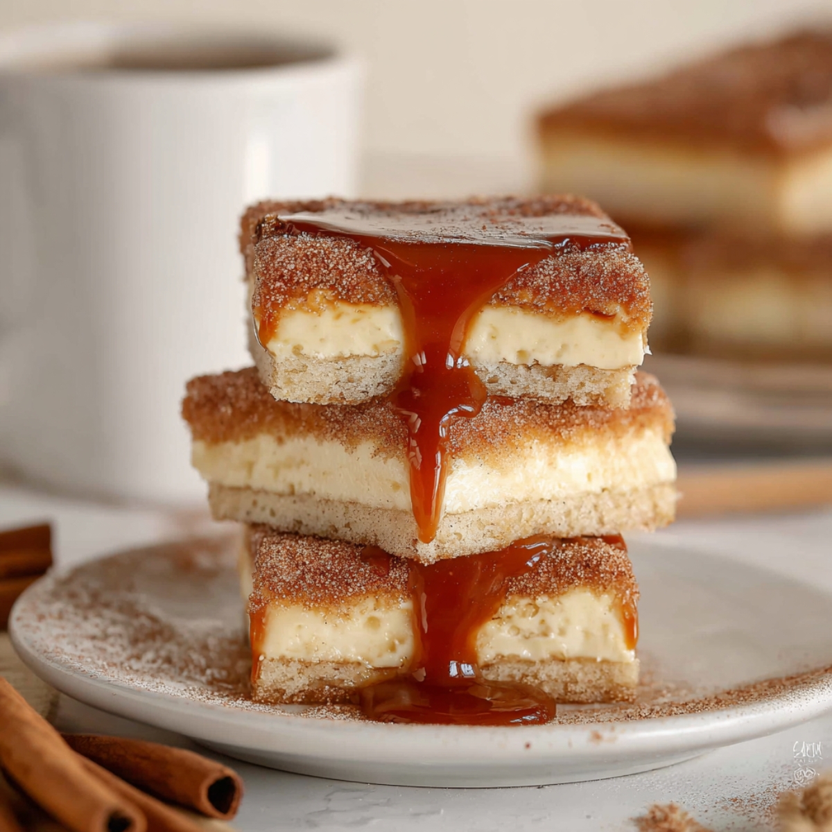 Stack of churro cheesecake bars with a buttery shortbread crust, creamy cheesecake center, cinnamon sugar topping, and warm caramel sauce dripping down the sides on a white plate