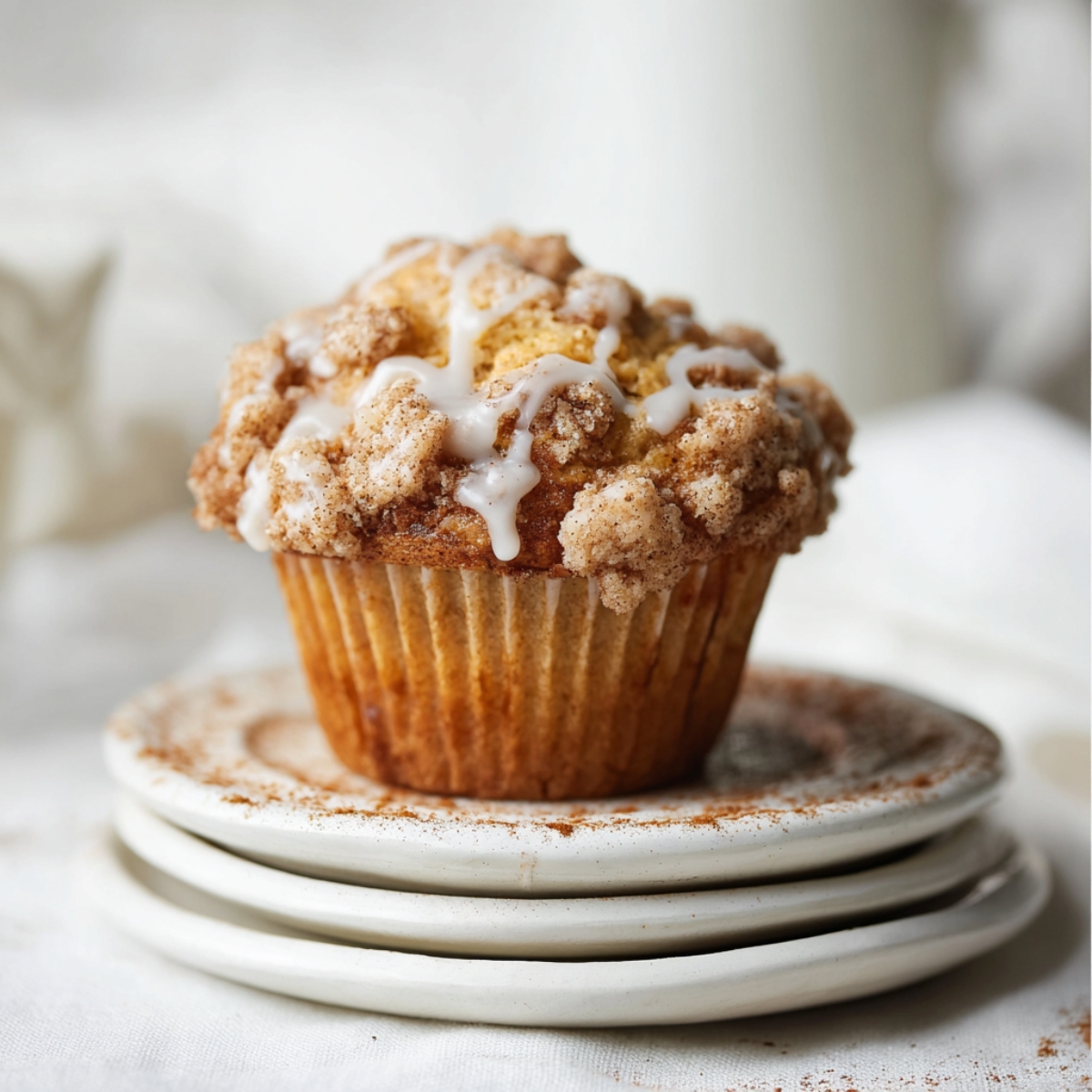 A close-up shot of a golden-brown coffee cake muffins with a cinnamon streusel topping, drizzled with a sweet glaze, resting on a white plate with a sprinkle of cinnamon.