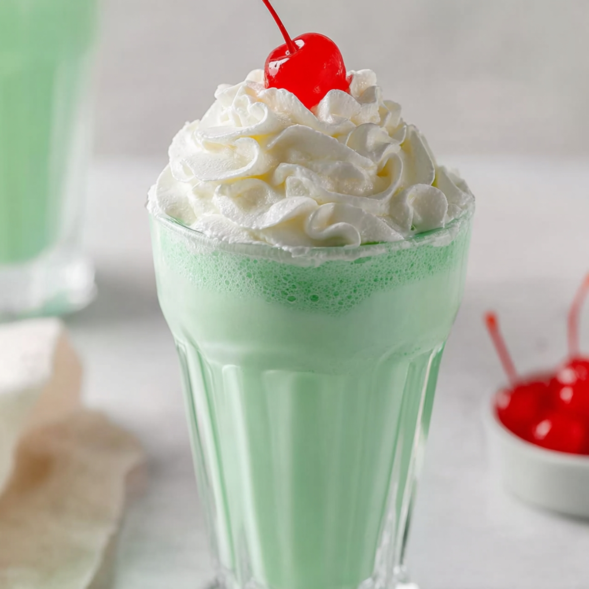 Mint green copycat Shamrock Shake topped with whipped cream and a maraschino cherry in a tall milkshake glass