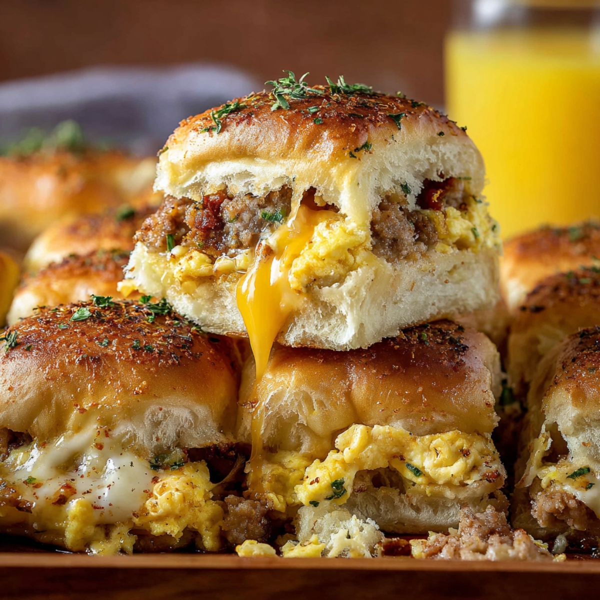 A delicious close-up of cowboy breakfast sliders filled with scrambled eggs, sausage, and melted cheese, garnished with fresh herbs, and served on soft, buttery rolls. The gooey egg yolk oozes from the sandwich, creating a mouthwatering breakfast treat.