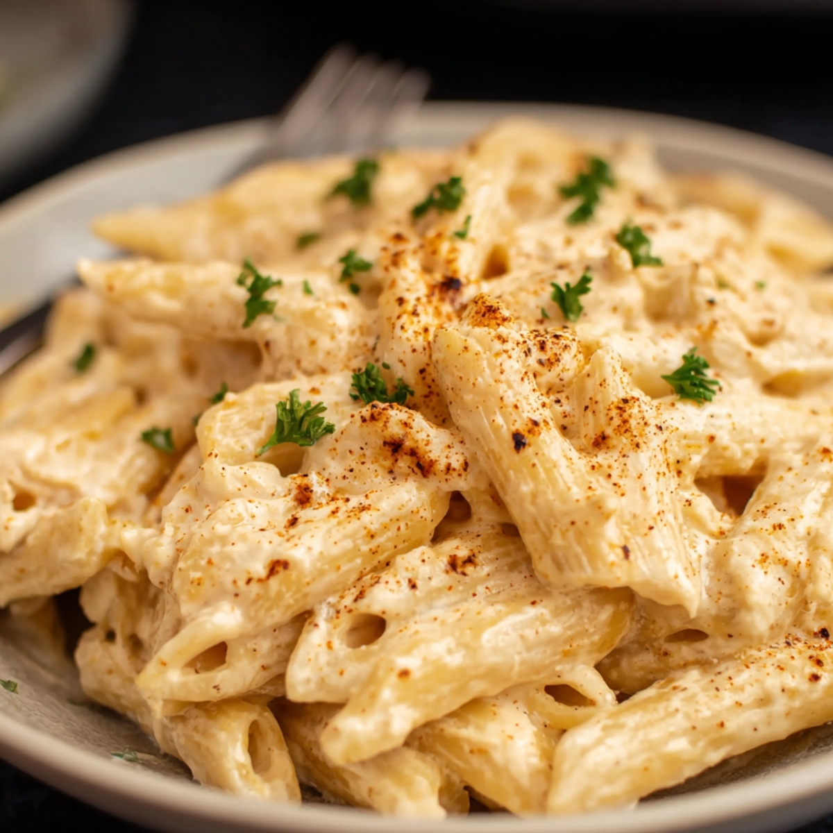 A close-up of a plate of creamy Cajun chicken pasta, featuring tender penne pasta in a rich, spicy Cajun sauce, garnished with fresh parsley and a sprinkle of paprika. Perfect for a flavorful weeknight dinner.