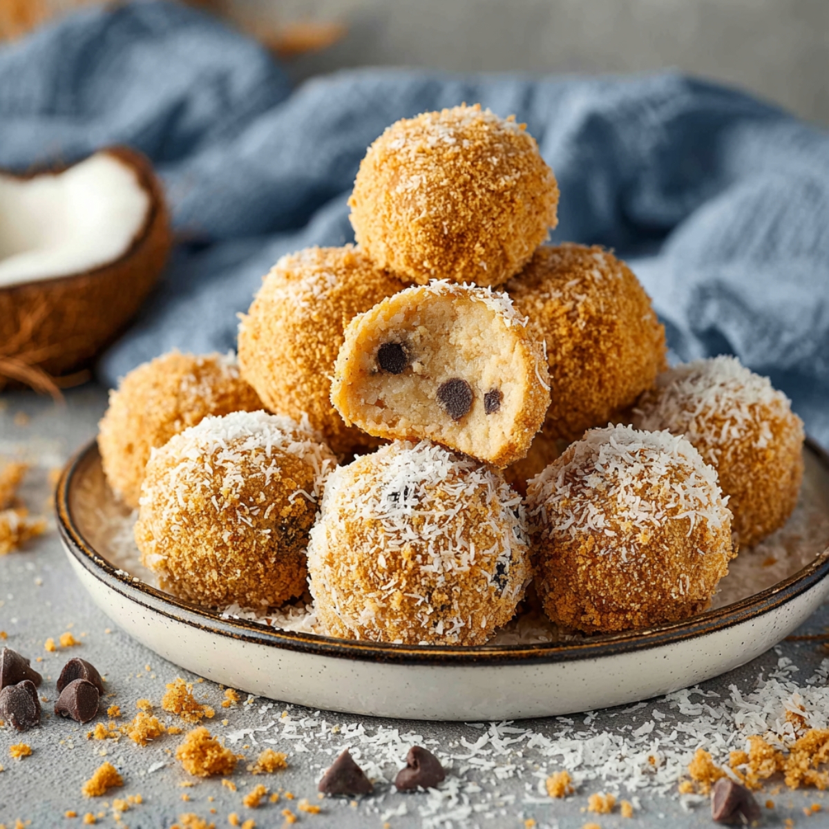 No-bake moose farts dessert balls made with coconut, graham cracker crumbs, sweetened condensed milk, and chocolate chips, rolled in shredded coconut and stacked on a plate
