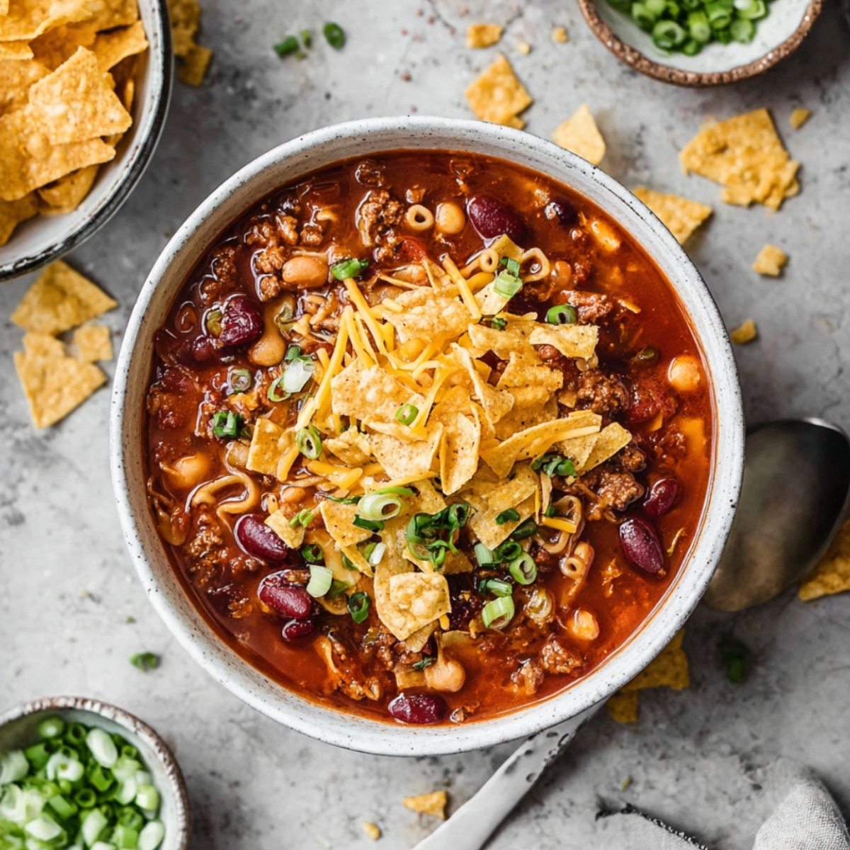 Overhead view of easy taco soup made with ground beef, kidney beans, tomatoes, shredded cheese, green onions, and crushed tortilla chips