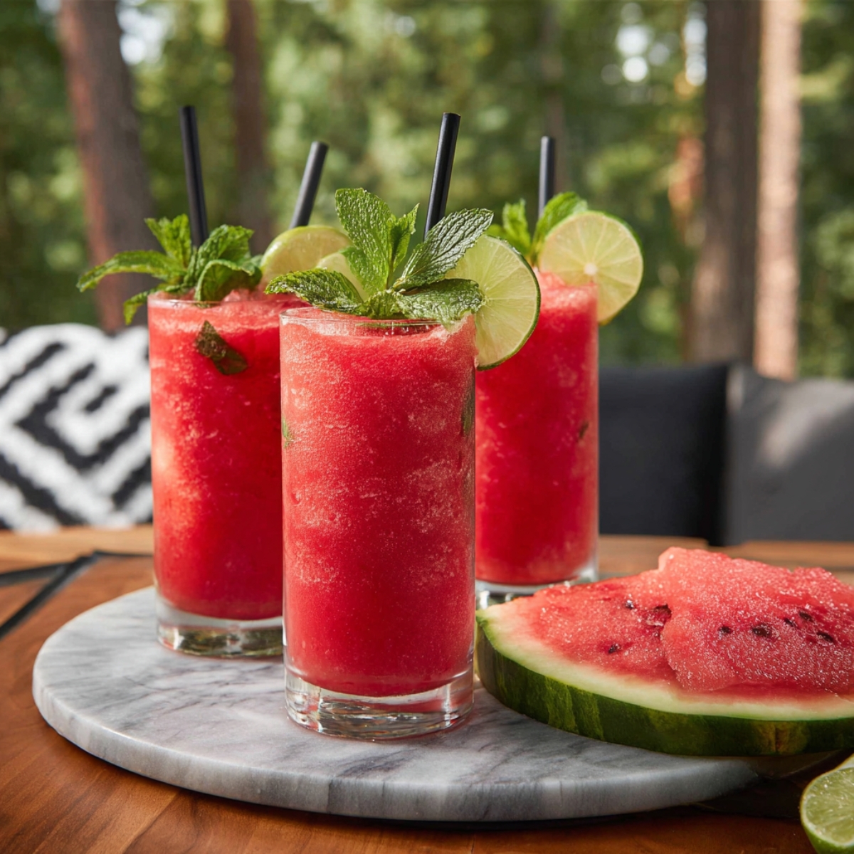 A refreshing watermelon slushie served in tall glasses, garnished with fresh mint leaves and lime slices, placed on a marble serving tray next to a fresh watermelon slice. Perfect for hot summer days!