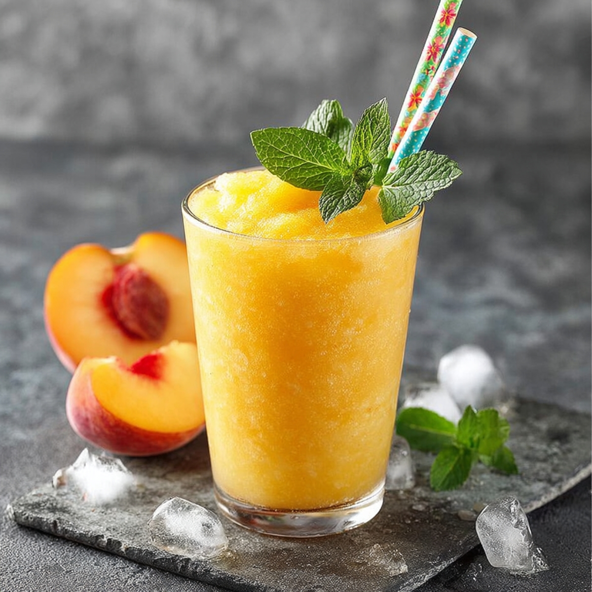 Frozen peach lemonade made with ripe peaches, fresh lemon juice, and ice, garnished with mint in a glass