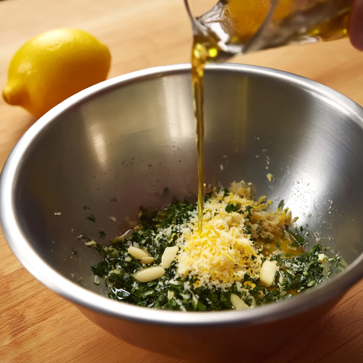 Olive oil is being poured into a bowl with fresh herbs, garlic, and lemon zest, preparing a flavorful marinade for Greek-style grilled chicken.