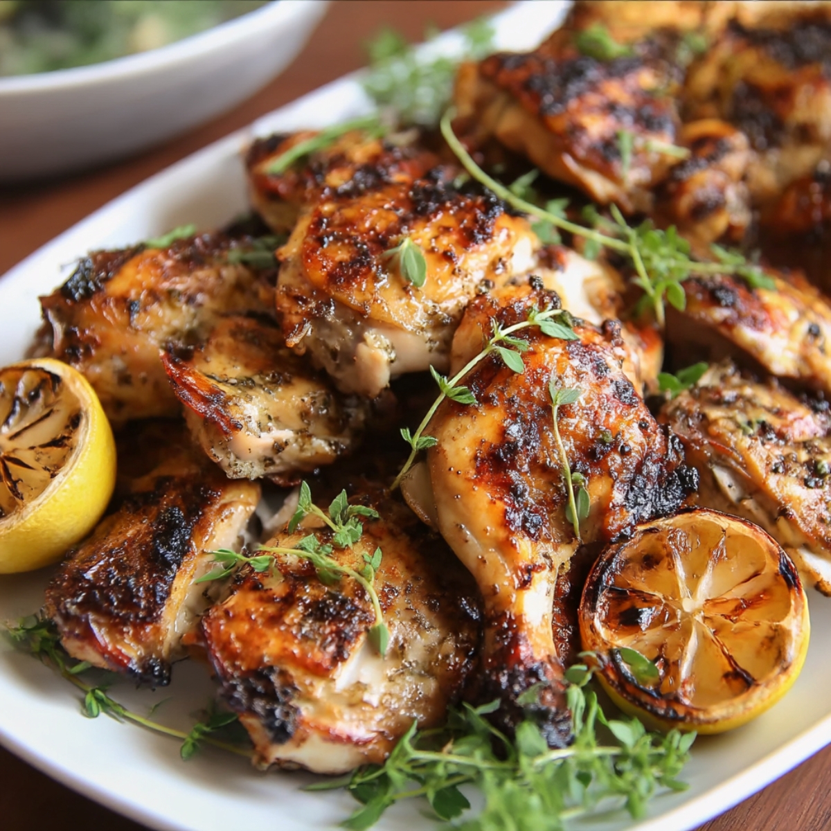 A plate of juicy grilled chicken thighs garnished with fresh thyme and charred lemon halves, showcasing the vibrant flavors of Greek-style seasoning.