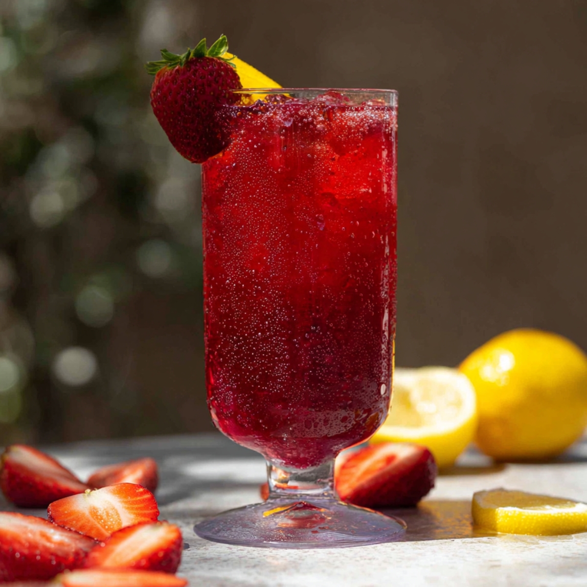 A refreshing hibiscus strawberry lemonade served over ice in a tall glass, garnished with fresh strawberries and lemon slices.