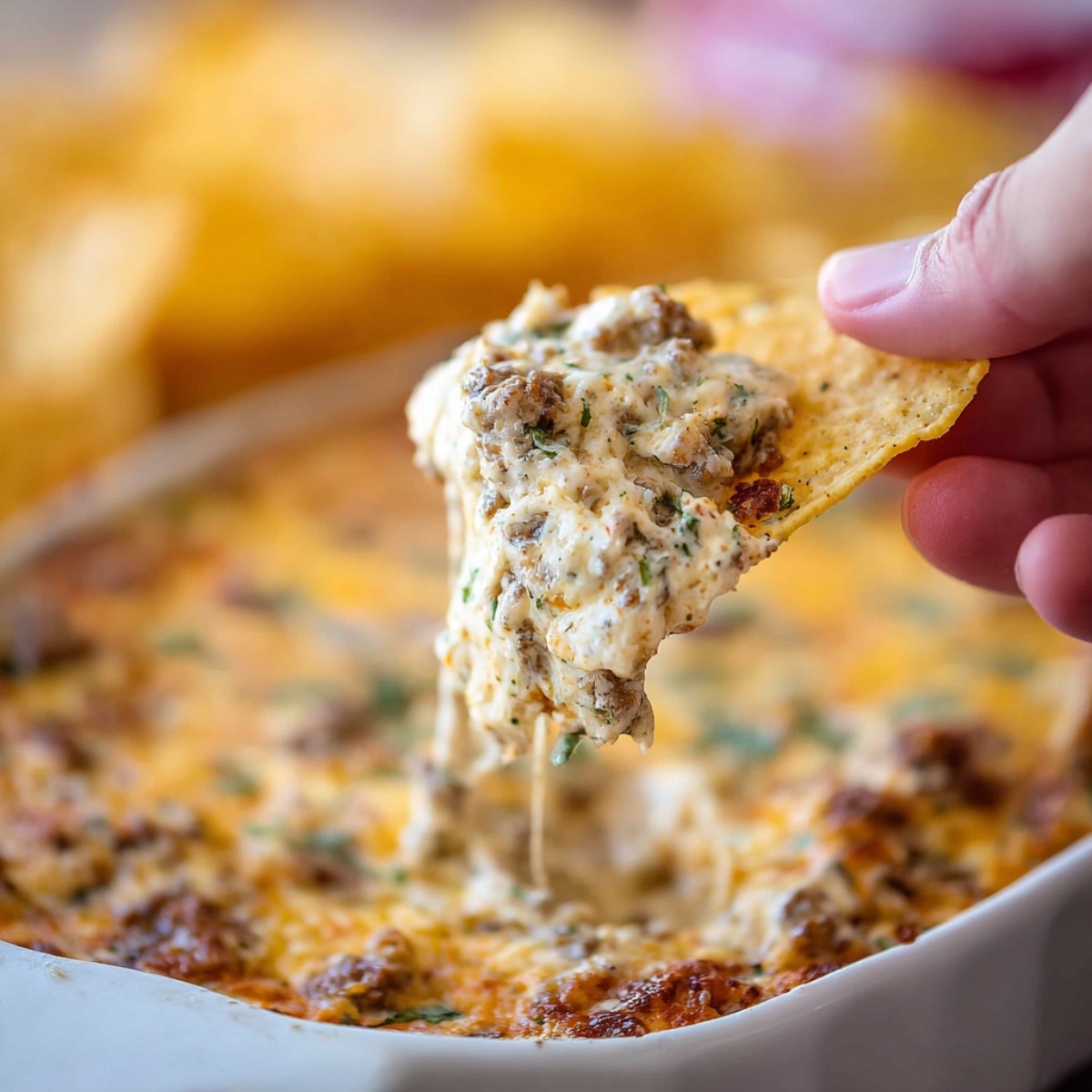 Tortilla chip dipped into a hot, creamy sausage cheese dip with melted cheese and herbs, served in a white baking dish