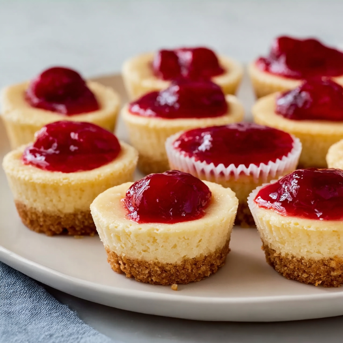 A close-up shot of individual mini cheesecakes topped with a glossy raspberry compote, sitting on a plate with a graham cracker crust.