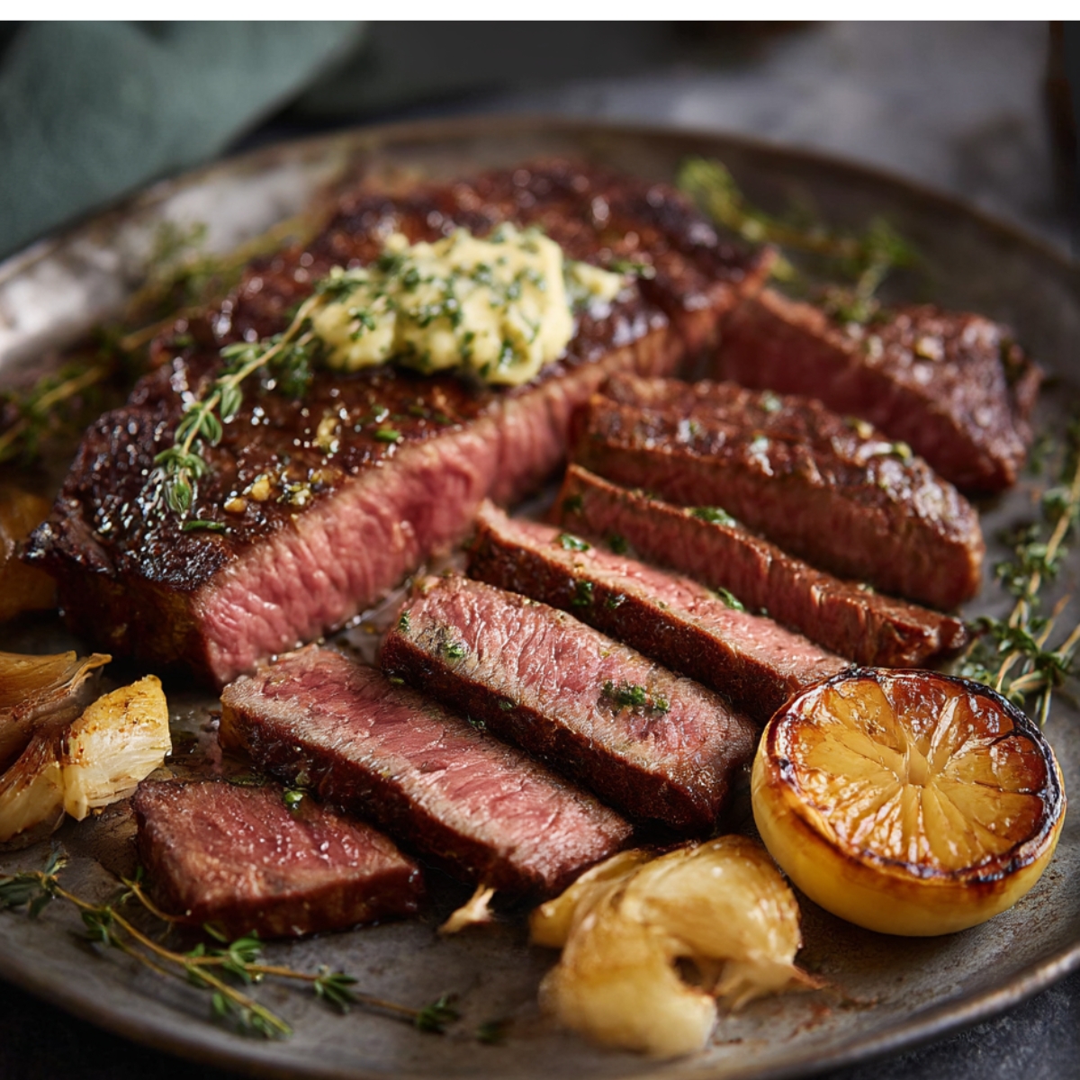 A perfectly cooked pan-seared ribeye steak, sliced and served with a dollop of garlic butter, roasted garlic, fresh thyme, and caramelized lemon on a rustic plate. The steak is juicy and tender with a rich brown crust.