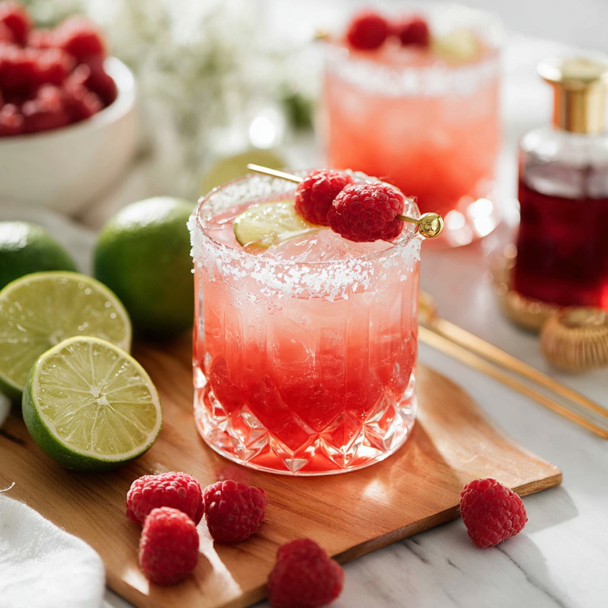 Fresh raspberry margarita served over ice with a sugar-rimmed glass, lime slice, and raspberry garnish on a wooden board