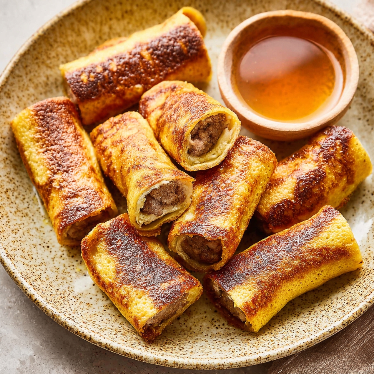 Golden brown sausage stuffed French toast roll-ups served on a plate with a side of syrup for dipping, offering a savory and sweet breakfast or brunch option.