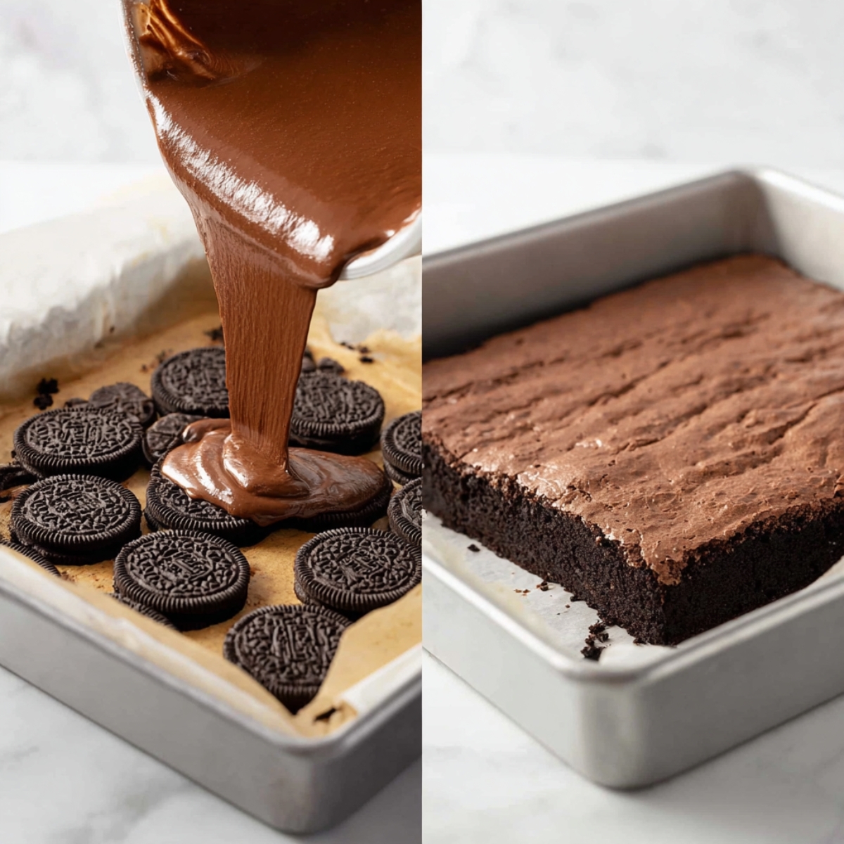 Chocolate brownie batter being poured over a layer of Oreo cookies in a baking pan, with freshly baked slutty brownies shown alongside.