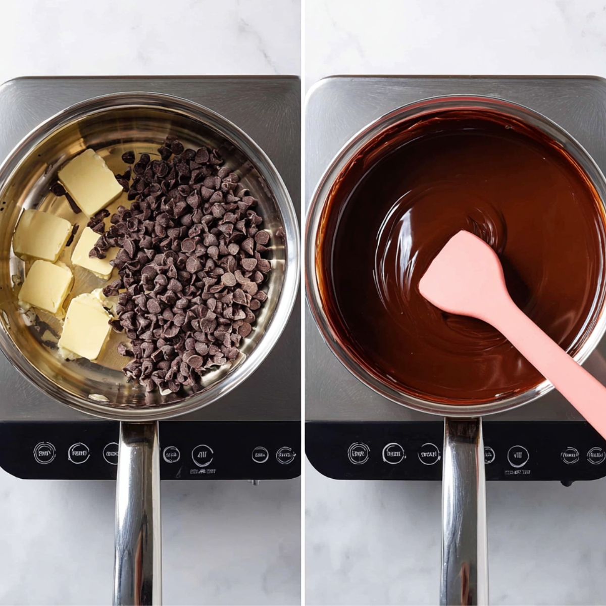 Chocolate chips and butter melting together in a saucepan over low heat to make a smooth chocolate base for slutty brownies.