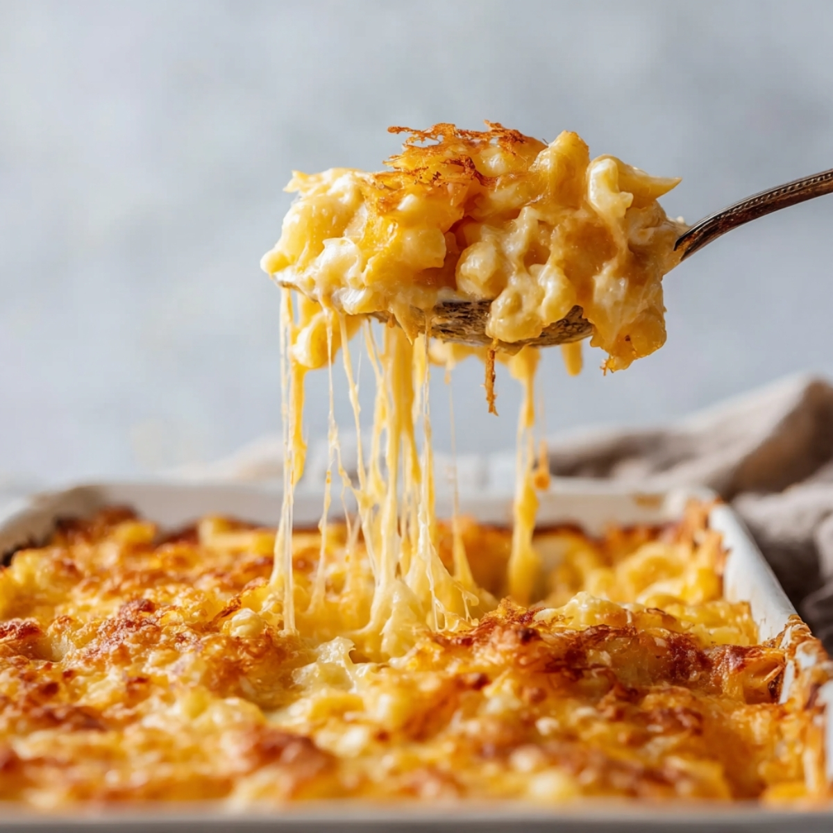 Spoon lifting creamy Southern baked mac and cheese with melted cheese stretching from the dish