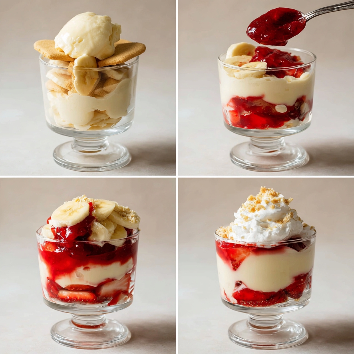 Four-step collage showing how to assemble strawberry banana pudding parfaits with vanilla wafers, banana slices, strawberry topping, pudding, and whipped cream