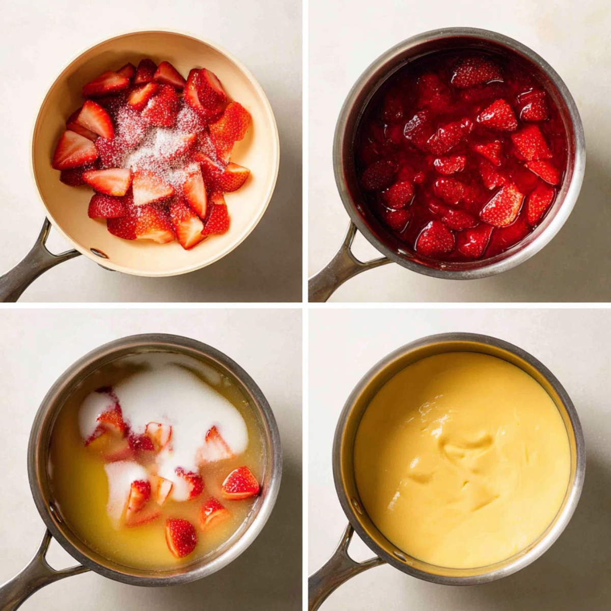 Four-step collage showing strawberries cooking with sugar into sauce and vanilla pudding thickening in a saucepan