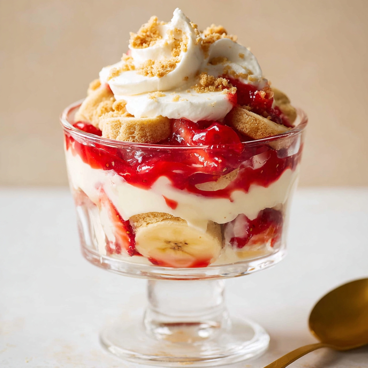 Strawberry banana pudding parfait layered with fresh strawberries, banana slices, vanilla wafers, creamy pudding, and whipped cream in a glass dessert cup