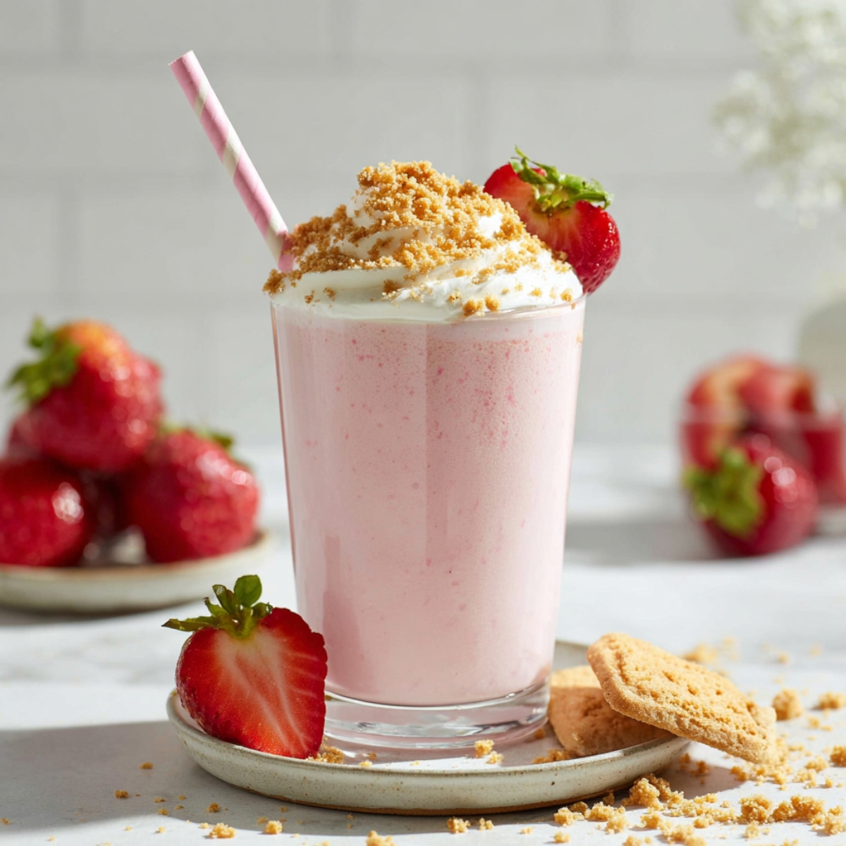 Strawberry cheesecake protein shake topped with whipped cream, graham cracker crumbs, and fresh strawberry in glass