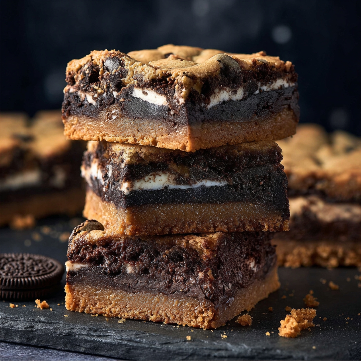 Thick, fudgy slutty brownies layered with chocolate chip cookie dough, Oreo cookies, and rich brownie batter stacked on a dark slate board