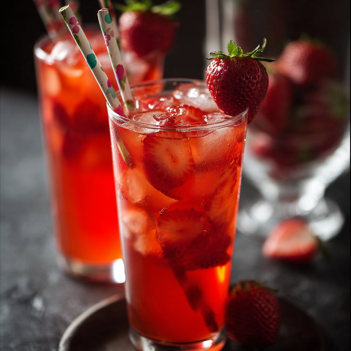 A close-up of two tall glasses of vanilla strawberry iced tea, filled with ice and sliced strawberries. The drinks are garnished with fresh strawberries and colorful straws, creating a vibrant and refreshing summer beverage.