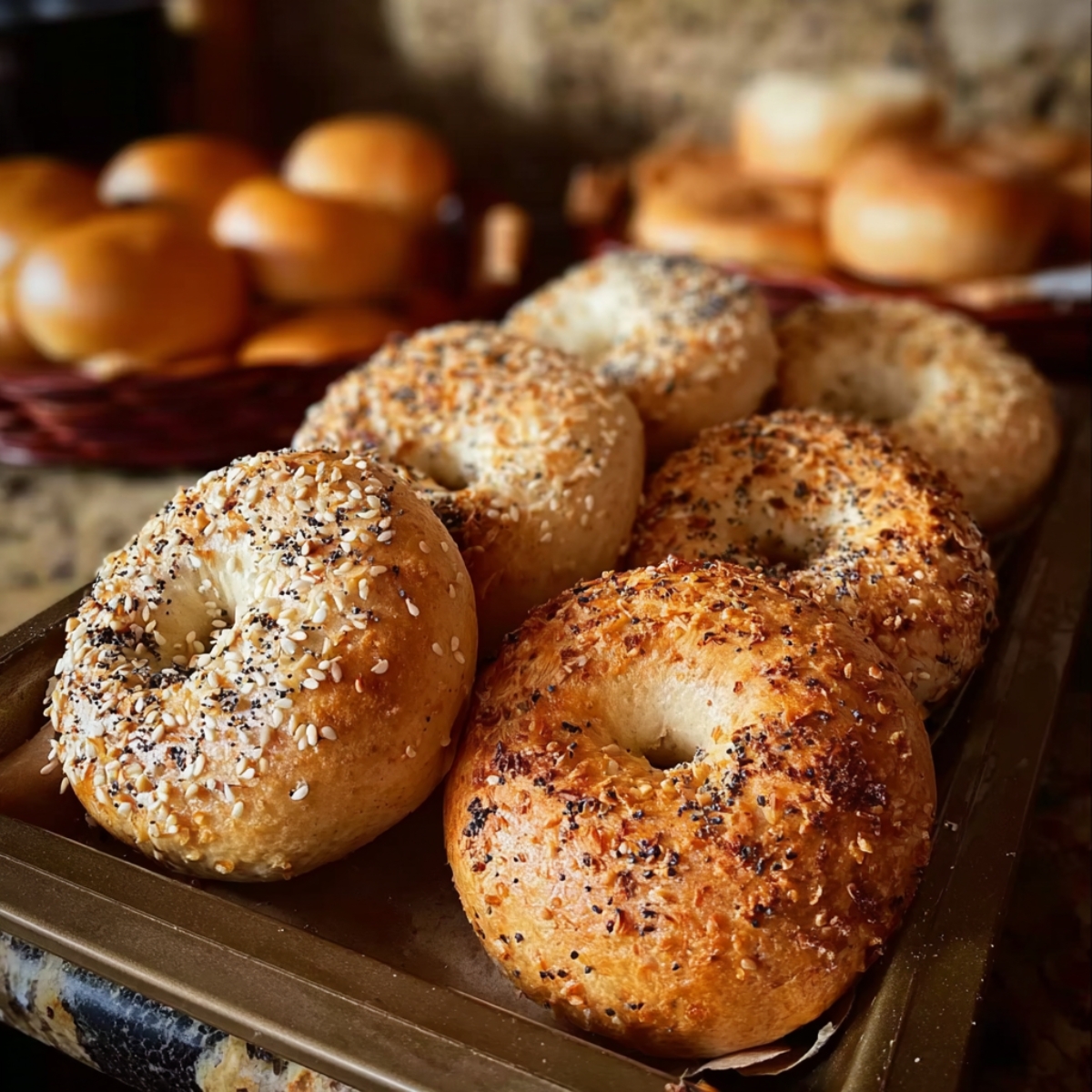 Homemade vegan everything bagels made from sourdough discard, topped with sesame seeds, poppy seeds, and dried onion, offering a delicious and eco-friendly breakfast option for sourdough enthusiasts.