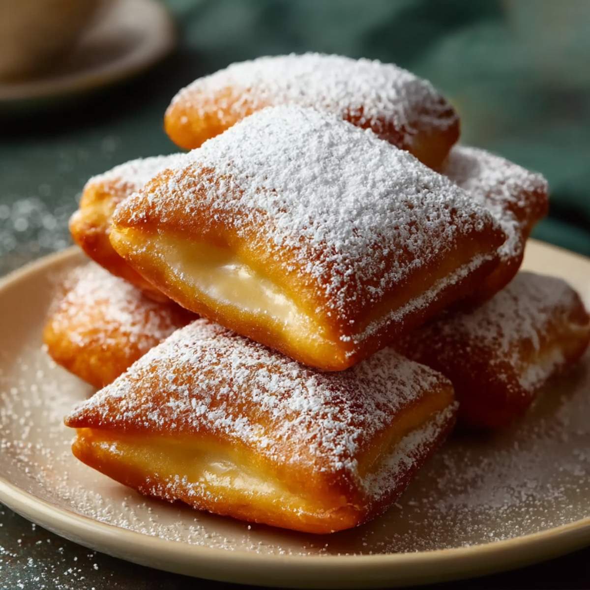 A delicious plate of freshly made vanilla French beignets, dusted with powdered sugar and filled with a creamy center, perfect for a breakfast treat.